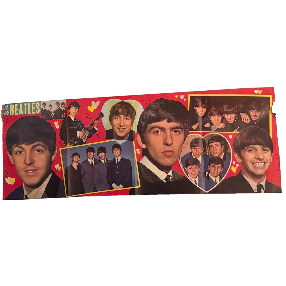 ALL ORIGINAL 1960's RARE ALL BEATLES 1964 FOLD-UP POSTER in PLASTIC BEATLES BAG